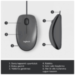 LOGITECH 910-006652, M100 Siyah, USB Kablolu, 1000dpi, Optik, 3 Tuşlu, Mouse - Görsel 2