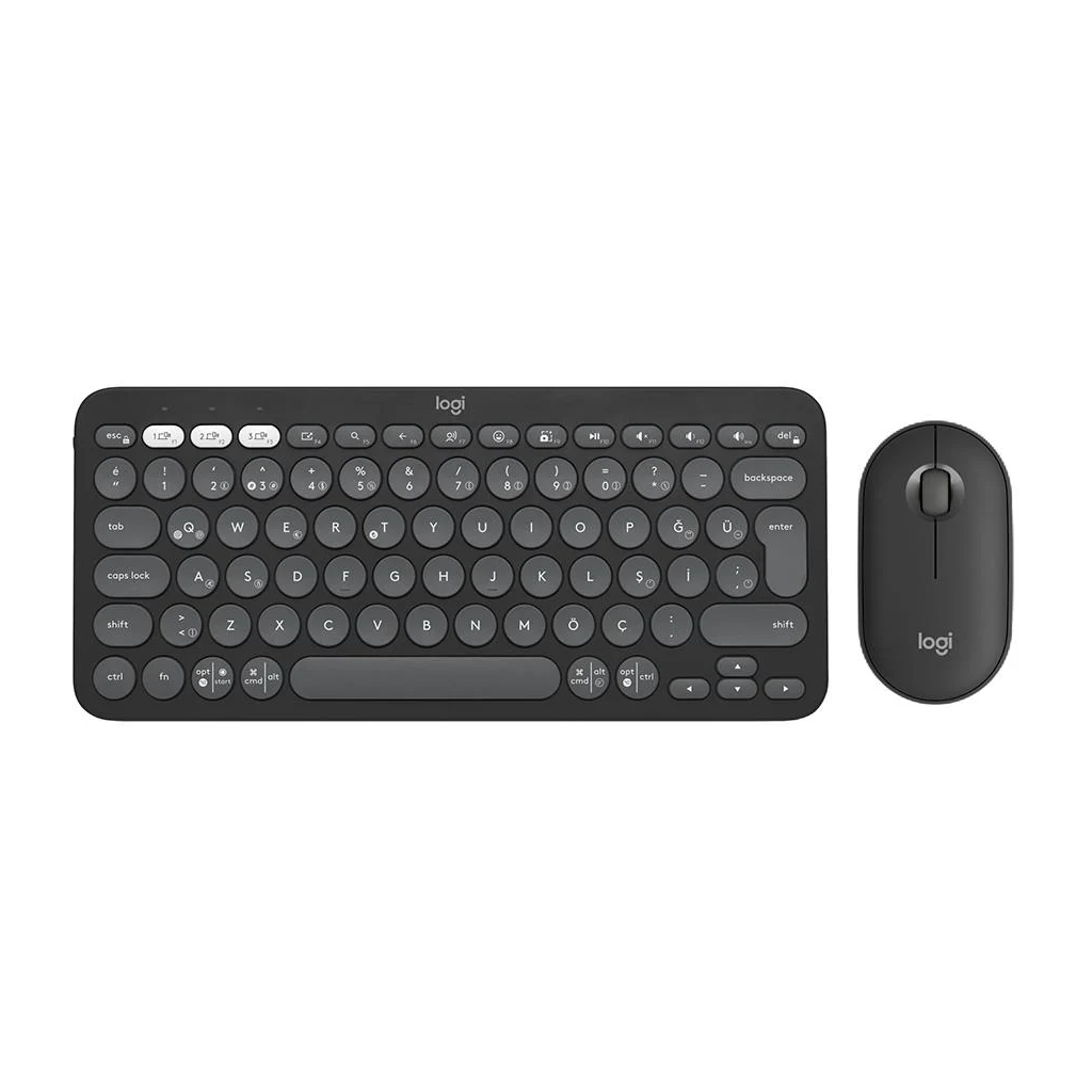 920-012245_1 LOGITECH Pebble 2 Combo, Grafit, 920-012245, Bluetooth, Türkçe, Q, Multimedya, Mini Klavye Mouse Set - Görsel 1