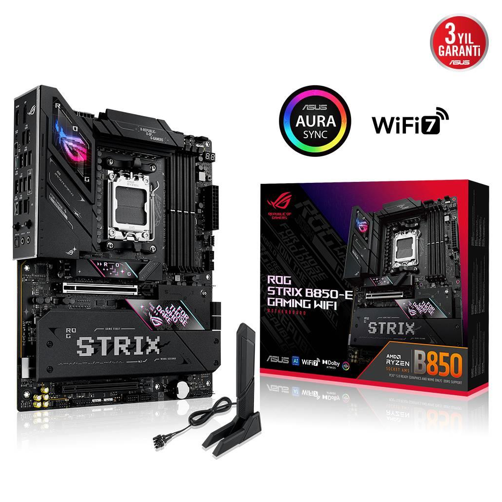 ROG-STRIX-B850-E-GAMING-WIFI_1 ASUS ROG STRIX B850-E GAMING WIFI, 4xDDR5, 5x M2, HDMI, DP, 2xType-C, Wi-Fi 7, Bluetooth v5.4, AM5 Soket GAMING Anakart - Görsel 1