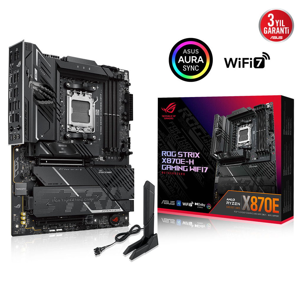 ROG-X870E-H_1 ASUS ROG STRIX X870E-H GAMING WIFI7, 4xDDR5, 4xM.2, DP, HDMI, Type-C, PCIe 5.0, Wi-Fi 7, Bluetooth v5.4, AM5 Soket GAMING Anakart - Görsel 1
