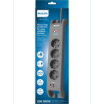 PHILIPS SPN4140GA/62, 4 Soket, Akım Korumalı Priz, 2400 Joules, 2Mt Kablo, 1xUsb-C PD 20W Hızlı Şarj, 2xUsb-A QC 18W, (Gri) - Görsel 2