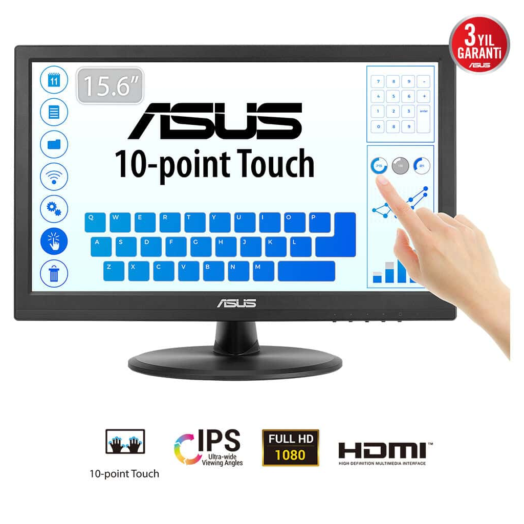 VT169HE_1 ASUS VT169HE 15.6" 5ms, 60Hz, Dokunmatik, HDMI, D-Sub, Düşük Mavi Işık, FreeSync, IPS Panel Monitör - Görsel 1