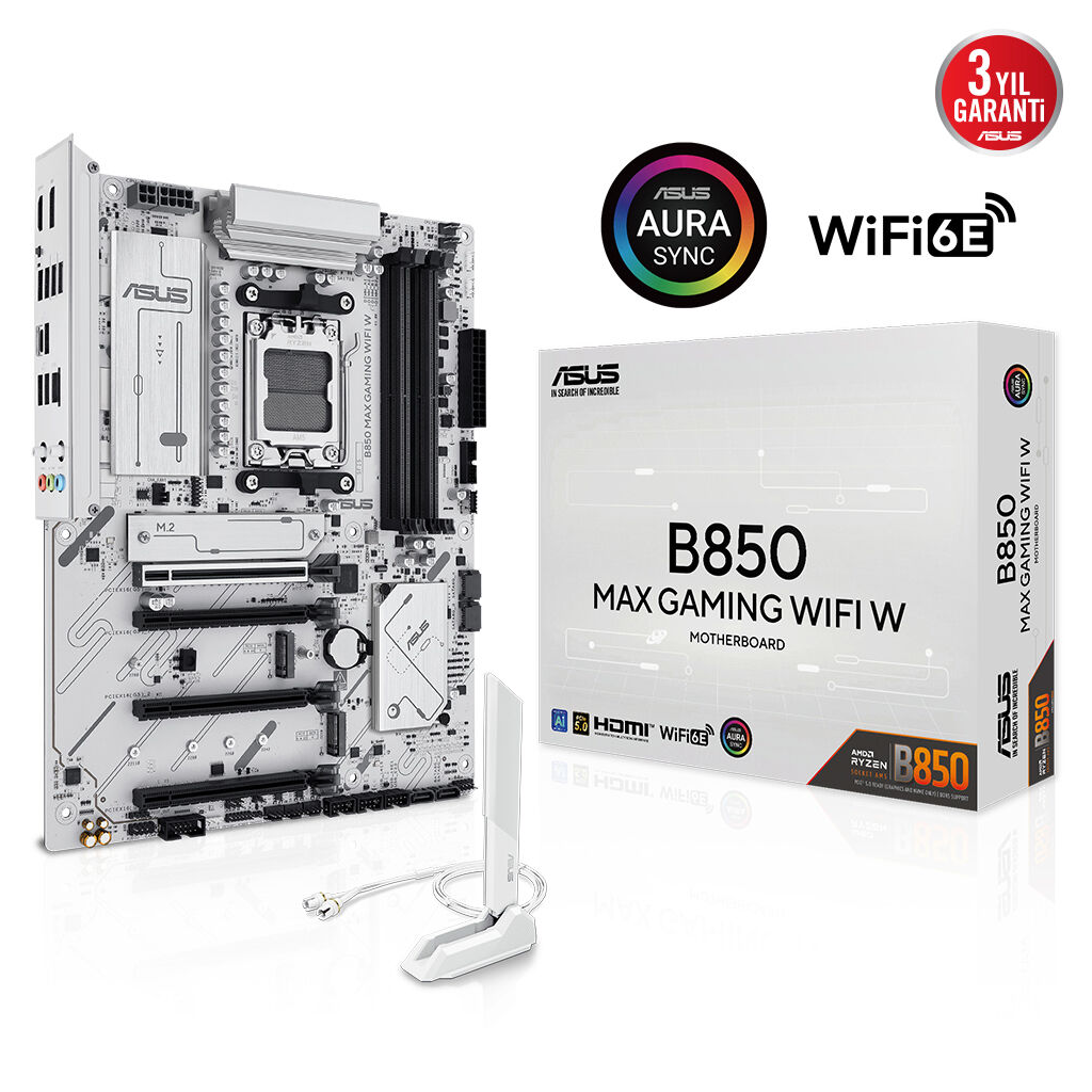 B850-MAX-GAMING-WIFI-W_1 ASUS B850 MAX GAMING WIFI W, 4xDDR5, 3x M2, HDMI, DP, Type-C, Wi-Fi 6E, Bluetooth v5.3, AM5 Soket GAMING BEYAZ Anakart - Görsel 1