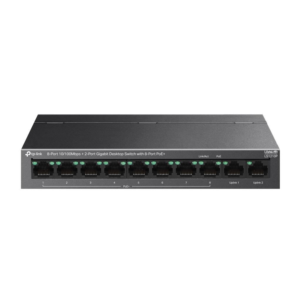 LS1210P_1 TP-LINK LS1210P, 8 Port Poe Megabit, 2 Port Gigabit, 96W, Yönetilemez Masaüstü Switch - Görsel 1