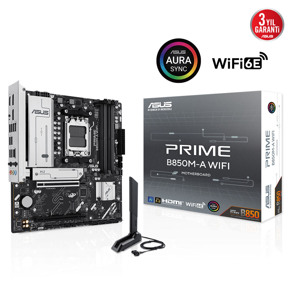 PRIME-B850M-A-WIFI_1 ASUS PRIME B850M-A WIFI, 4xDDR5, 3xM.2, 2xDP, HDMI, Type-C, Wi-Fi 6, Bluetooth 5.3, AM5 Soket Anakart - Görsel 1