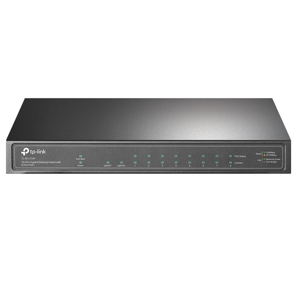 TL-SG1210P_1 TP-LINK TL-SG1210P, 8 Port, Gigabit, PoE 63W, 1 Port SFP, Yönetilemez, Masaüstü Switch - Görsel 1